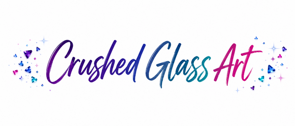 Colorful 'Crushed Glass Art' logo with decorative elements on a white background
